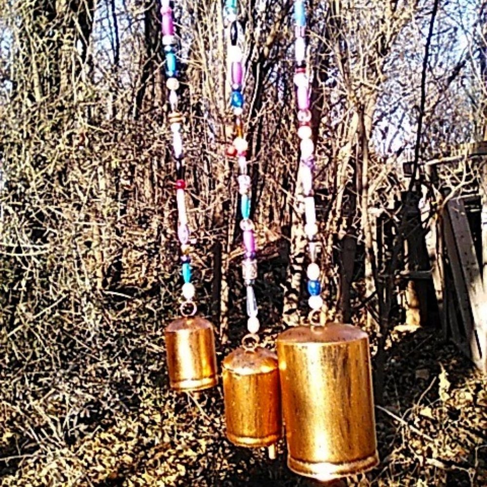 Beaded Wind Chime 3 Rustic Farmhouse Cow Bells Handmade One of A Kind New  #4